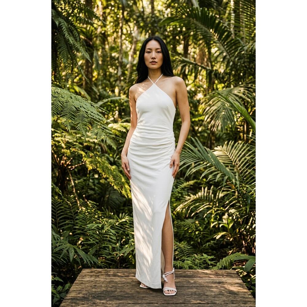 Jonathan Simkhai Satin Dress White Halter Open Back Hansel Satin Gown Size 6 NWT